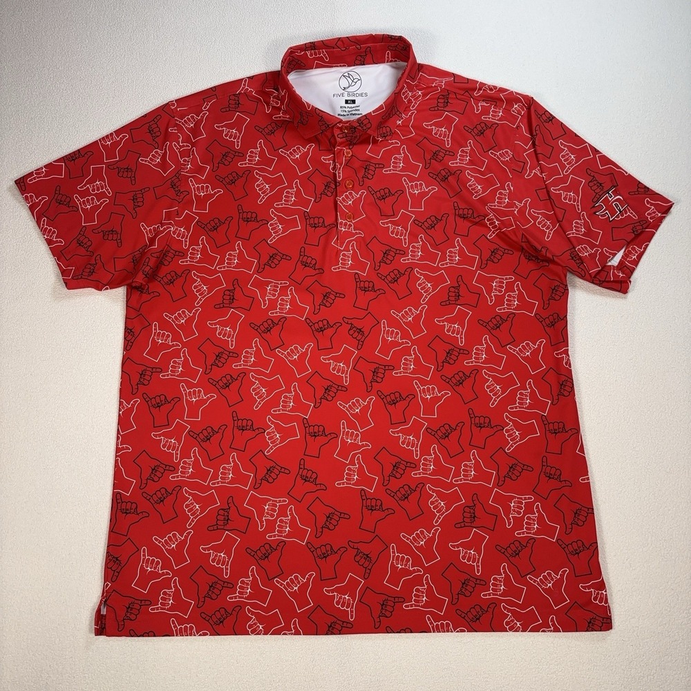Five Birdies Hang Loose Polo Shirt Men XL Red University of Hawai'i Hilo Vulcans